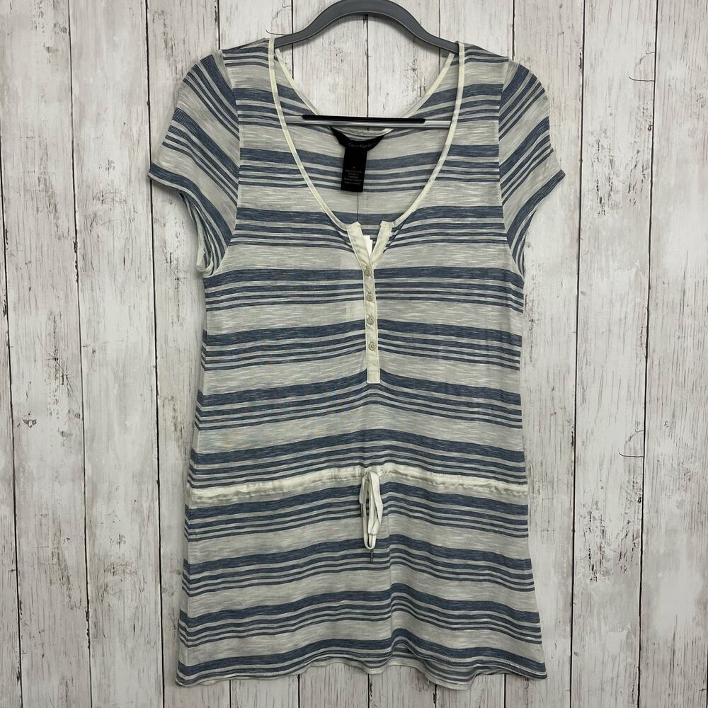 Calvin Klein Blue White Stripe Short Sleeve Lightweight Button Drawstring Shirt
